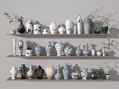 Various Decorative Vases In Different Styles And Colors On Shelves With Floral Branches 3d model