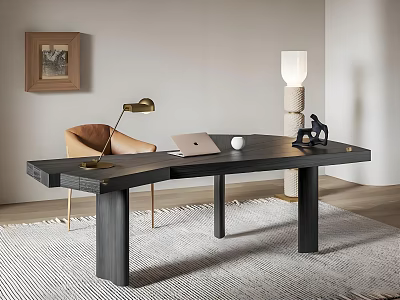 Modern Office Desk Setup Featuring Brown Armchair Brass Lamp Laptop Black Sculpture And Framed Art 3d model