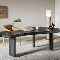 Modern Office Desk Setup Featuring Brown Armchair Brass Lamp Laptop Black Sculpture And Framed Art