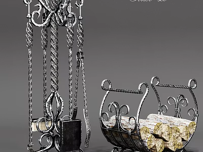 Decorative Metal Fireplace Tools Set With Wood Storage Basket and Ornate Design 3d model