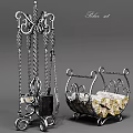 Decorative Metal Fireplace Tools Set With Wood Storage Basket and Ornate Design