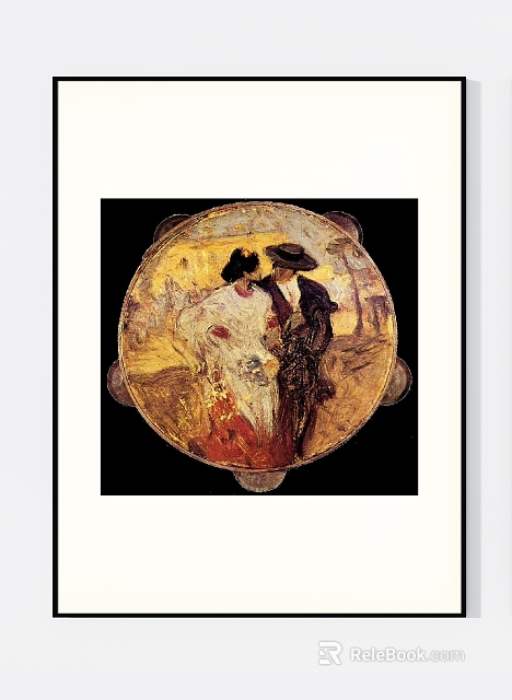 Figurative Painting Featuring Two Figures in Traditional Attire With Circular Frame and Warm Tones Background 3d model 