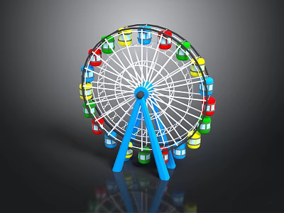 Colorful Ferris Wheel Structure With Vibrant Cabins Blue Supports And Reflective Base 3d model