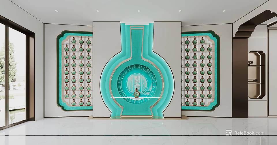 Modern Store Front Desk Design With Turquoise Circular Illuminated Decor And Shelves On Both Sides 3d model 
