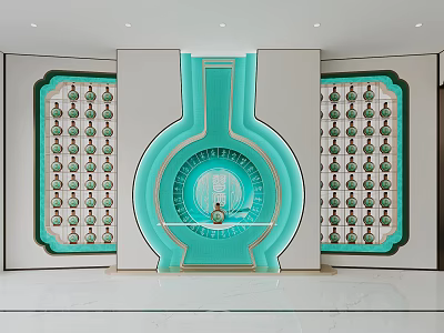 Modern Store Front Desk Design With Turquoise Circular Illuminated Decor And Shelves On Both Sides 3d model