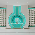 Modern Store Front Desk Design With Turquoise Circular Illuminated Decor And Shelves On Both Sides