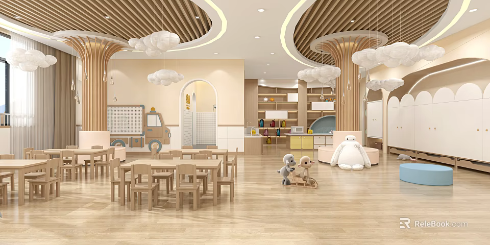 Warm Kindergarten Interior Featuring Wooden Slatted Ceiling Cloud Decorations Tables Chairs And Toys 3d model 