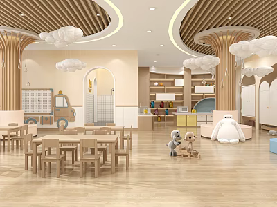 Warm Kindergarten Interior Featuring Wooden Slatted Ceiling Cloud Decorations Tables Chairs And Toys 3d model