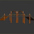 Orange Decorative Bridge Structure With Rope Railings And Pillar Design Elements 3d model