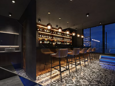 Modern Bar Interior Design With Leather Bar Stools Hanging Lights And Patterned Floor 3d model