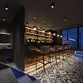 Modern Bar Interior Design With Leather Bar Stools Hanging Lights And Patterned Floor