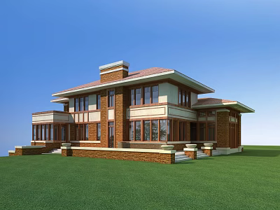 Red Brick Two Story Single Family House With Large Windows Green Lawn And Blue Sky 3d model
