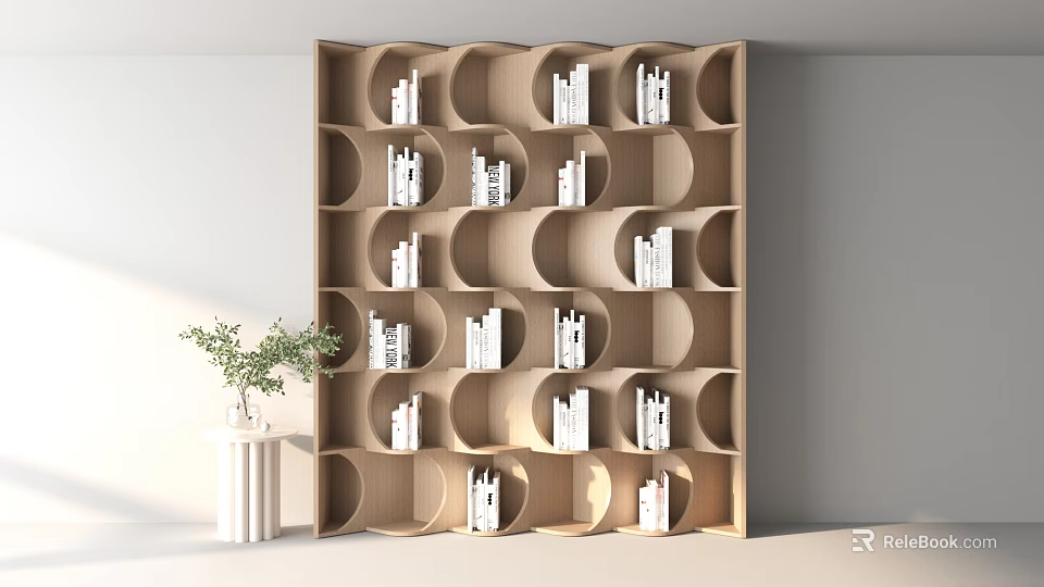 Bright Study Room Interior With Wooden Bookshelf Circular Compartments And Green Plant 3d model 
