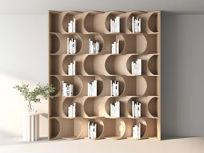 Bright Study Room Interior With Wooden Bookshelf Circular Compartments And Green Plant 3d model