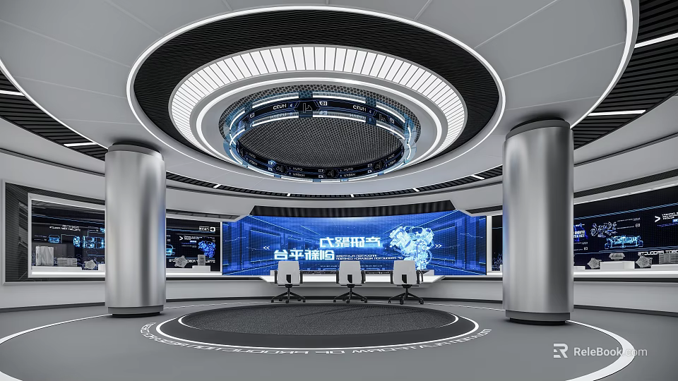 Modern Exhibition Hall With Circular Ceiling Lighting Large Tech Screens Silver Pillars And Meeting Area 3d model 