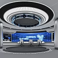 Modern Exhibition Hall With Circular Ceiling Lighting Large Tech Screens Silver Pillars And Meeting Area