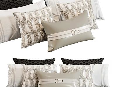 Modern Decorative Pillows With Geometric Patterns Beige Tones Belt Accents And Metal Buckle Details 3d model