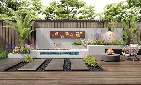 Modern Courtyard Waterscape Wall Water Scenery Wall Flowers and Plants Courtyard Garden Plant Stack Outdoor Chair 3d model