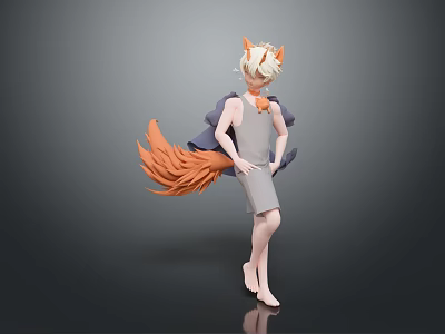 3D Designed Fantasy Game and Movie Character with Fox Ears Orange Tail and Gray Dress 3d model