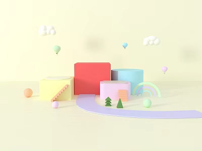 Colorful Geometric E-commerce Display Stand with Red Yellow Blue Pink Shapes Clouds Balloons and Rainbow 3d model