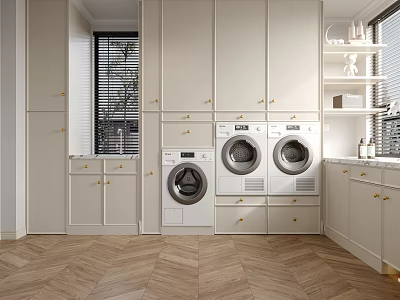 White Wardrobe Interior Design With Gold Handles Washing Machine Dryer And Wooden Floor 3d model