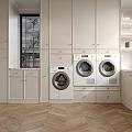 White Wardrobe Interior Design With Gold Handles Washing Machine Dryer And Wooden Floor