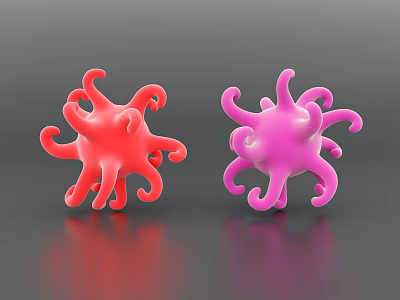 Two Red And Pink Organ Models With Tentacle Like Structures On Gray Background 3d model