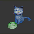 White Cat With Blue Eyes And Silver Bowl On Dark Background