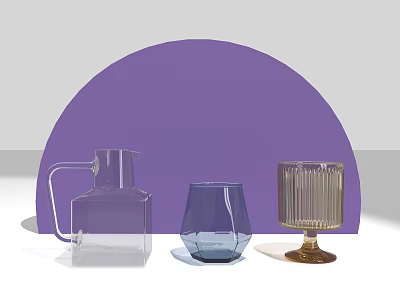 Clear Glass Pitcher And Blue Glass Cup With Gold Striped Design On Purple Background 3d model
