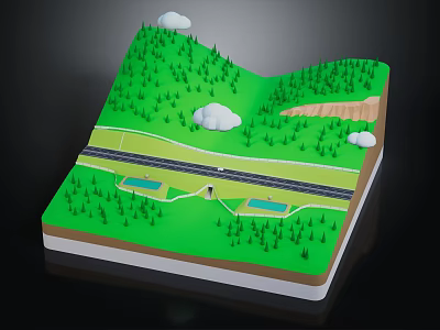 Cartoon Layered Landscape Scene With Green Hills Trees Clouds Road And Ponds 3d model