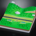 Cartoon Layered Landscape Scene With Green Hills Trees Clouds Road And Ponds