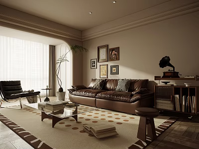 Living Room Interior Design With Brown Leather Sofa Black Armchair Patterned Rug Bookshelf And Gramophone 3d model