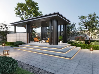 Modern Garden Pavilion With Stone Steps Greenery And Outdoor Lighting 3d model