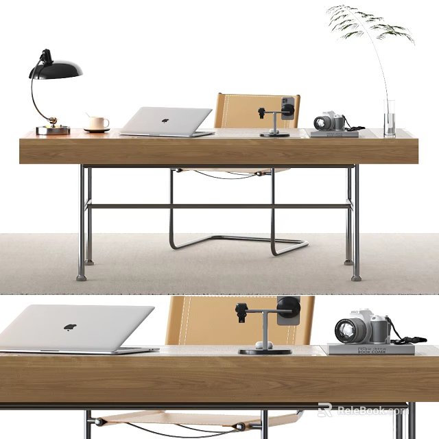 Modern Wooden Desk With Laptop Black Lamp Camera Coffee Cup And Leather Chair 3d model 