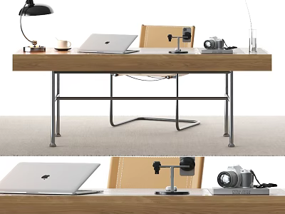 Modern Wooden Desk With Laptop Black Lamp Camera Coffee Cup And Leather Chair 3d model