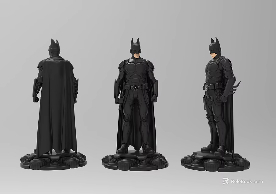 Batman Action Figures Displayed From Back Front And Side Angles With Black Costume And Cape 3d model 