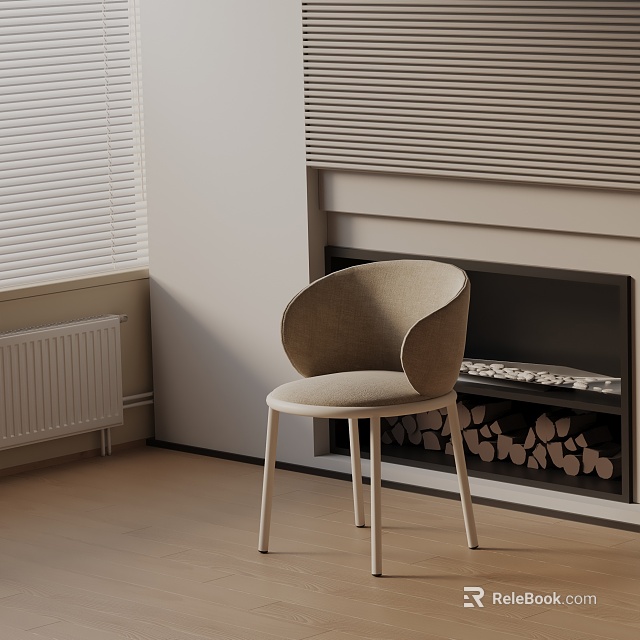 Modern Beige Fabric Dining Chair With Curved Backrest In Room With Fireplace Firewood And Blinds 3d model 