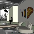 Modern Leisure Area Interior With Curved White Sofa Round Coffee Table And Artistic Chandelier