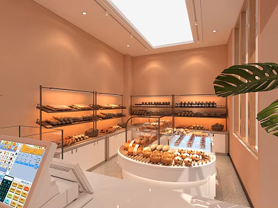 Bright Modern Dessert Shop Interior With Glass Display Shelves Fresh Pastries And Green Plant Decor 3d model