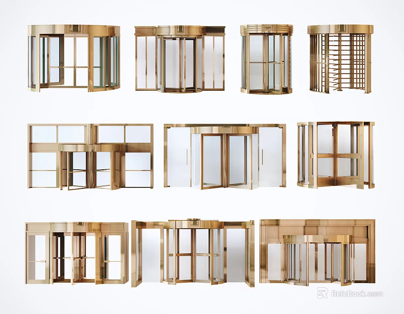 Brass Revolving And Glass Doors With Various Designs And Frames 3d model 