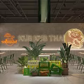 Thai Restaurant Interior With Neon Sign Cartoon Art Green Plants And Chairs
