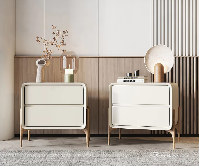 Modern Nightstands With White Drawers Wooden Legs Vase Flowers Candle Books And Table Lamp 3d model 