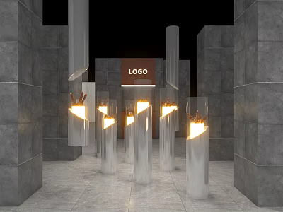 Modern Display Space With Gray Walls Transparent Pillars And Flaming LOGO 3d model