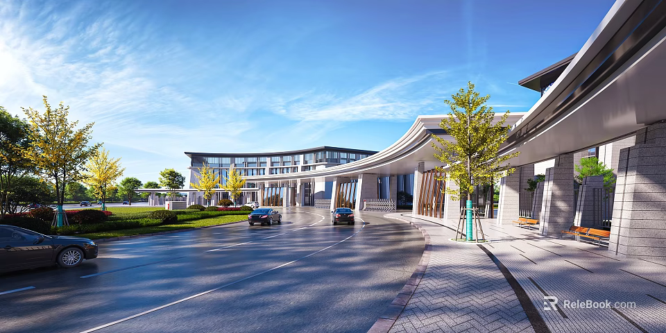 Modern School Building With Contemporary Facade Large Windows Trees And Landscaped Driveway 3d model 