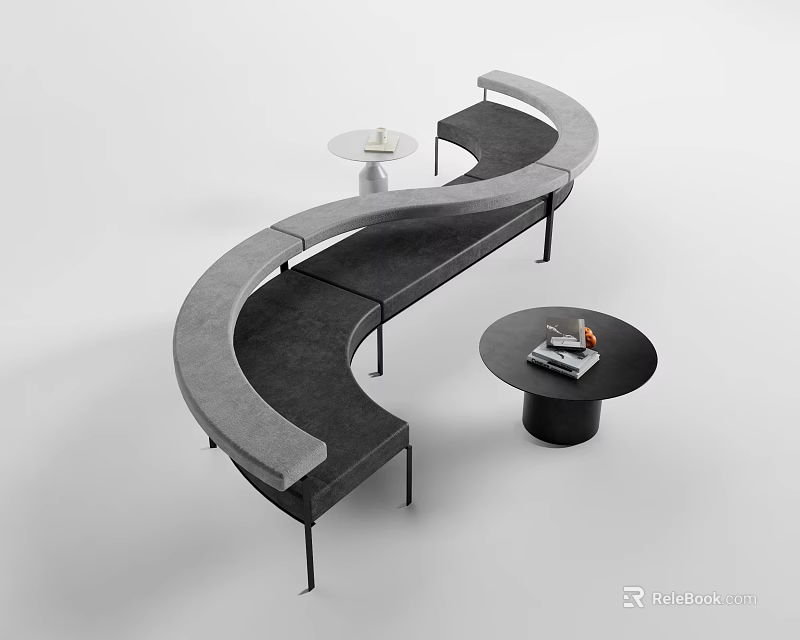 Modern Curved Public Chair With Grey Upholstery Black Metal Legs And Small Round Tables 3d model 