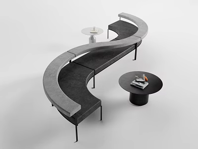 Modern Curved Public Chair With Grey Upholstery Black Metal Legs And Small Round Tables 3d model