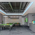 Modern Billiard Room With Multiple Pool Tables Hanging Lights And Bar Counter 3d model