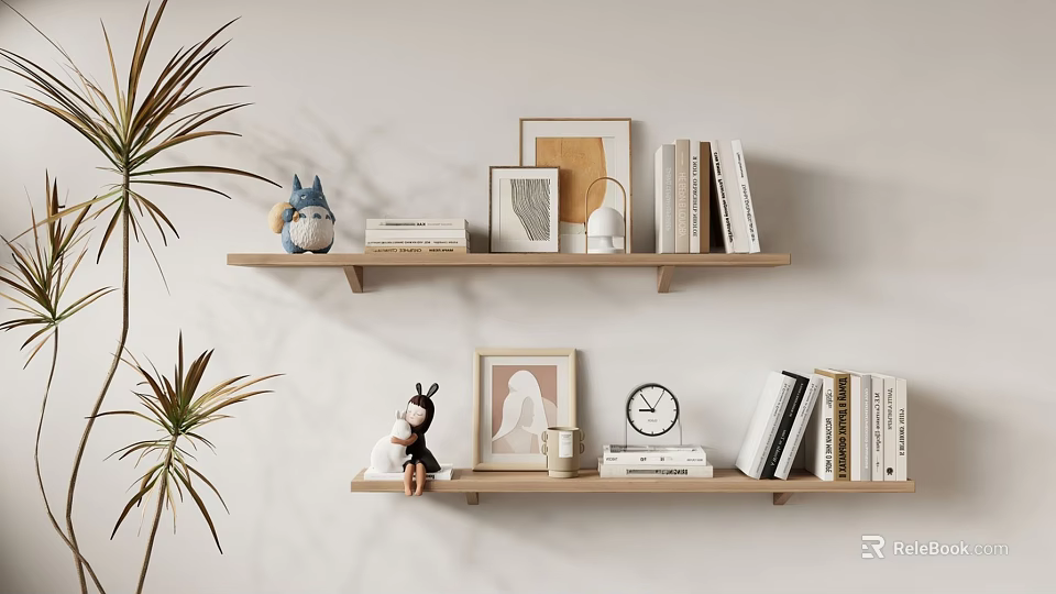 Minimalist Wall Shelves With Books Picture Frames Decorative Figurines And Small Plants 3d model 