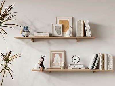 Minimalist Wall Shelves With Books Picture Frames Decorative Figurines And Small Plants 3d model