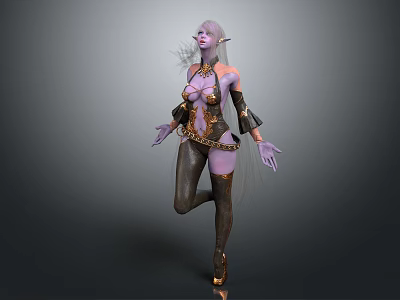 Game Movie Character Elf Purple Skin Pointed Ears Metallic Outfit Leather Boots Dynamic Pose 3d model